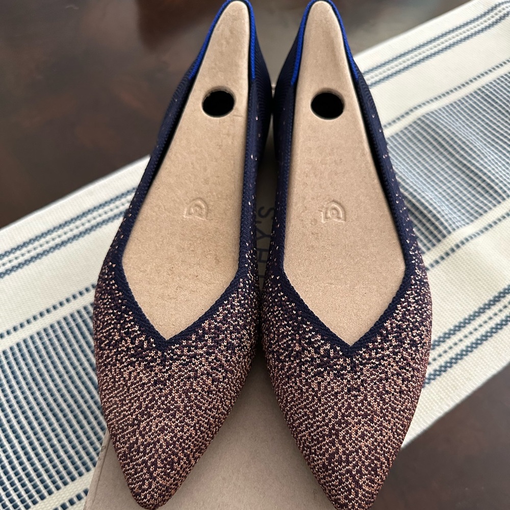 Rothy's Pointed Knit Flats in Navy and Rose Gold